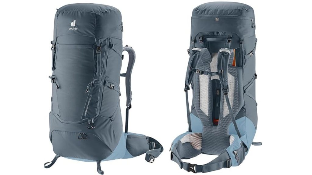 Front and back photo of the Deuter Aircontact Lite 65 + 10 backpack. 30 Amazon ratings at an average of 4.9 stars for under $250.