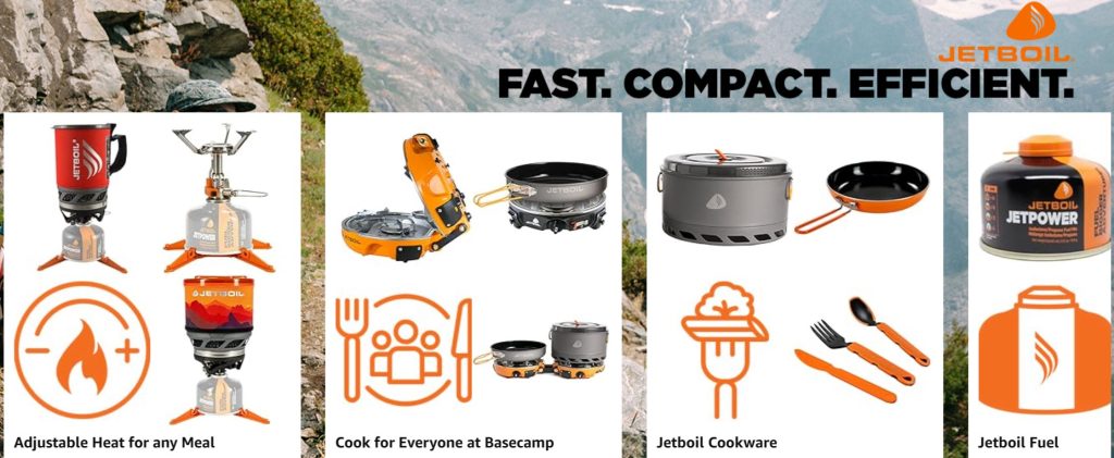 Company graphic of the Jeboil Flash Cooking System. Fast. Compact. Efficient. 250 ratings and 4.8 stars on Amazon for $129.95.