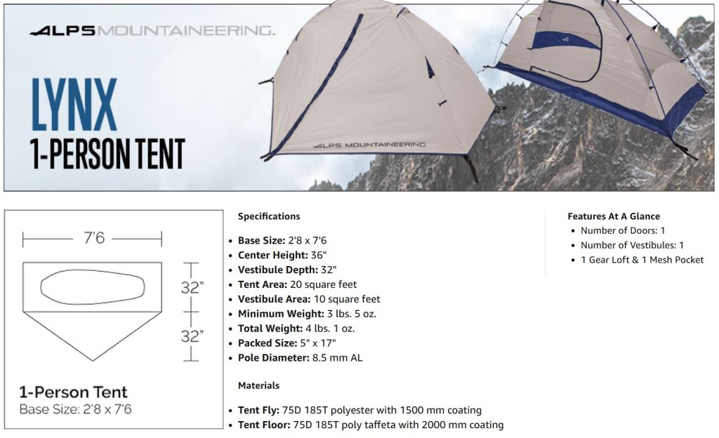 Image of Lynx 1-person tent, showing dimensions and features at a glance.