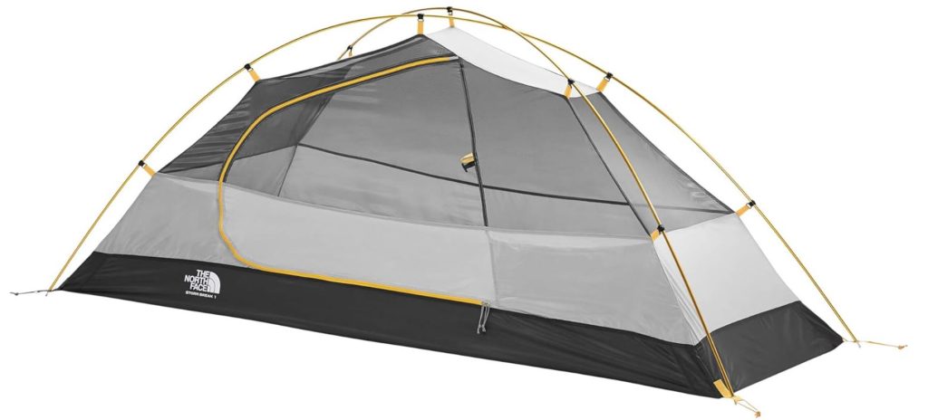 Side photo of fully set up North Face Stormbreak 1 in black and great with yellow highlights. 