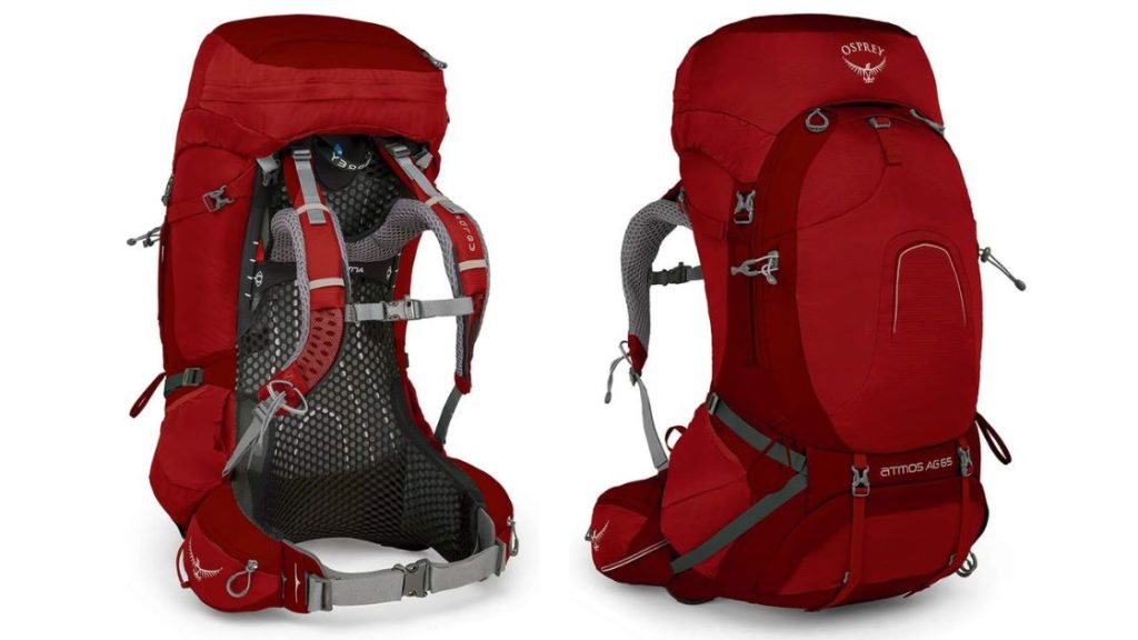 Photo of front and back of the Osprey Atmos AG 65. 1400 ratings on Amazon at an average of 4.8 for under $300