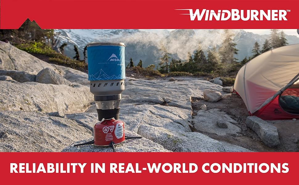 MSR WindBurner is set on a rocky plateau next to a tent. It uses a radiant burner and heat exchanger. Super fast and efficient. 556 ratings with an average of 4.7 stars on Amazon.