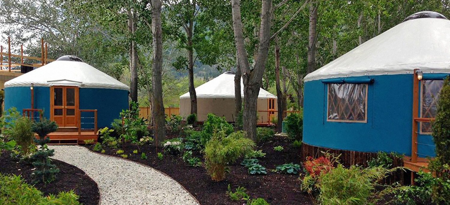 Pacific Yurts multiple permanent yurt set up on well-landscaped grounds in light forest setting.