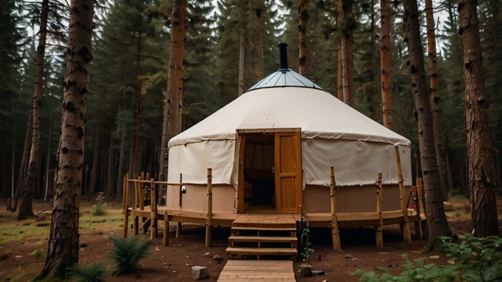 Classic yurt in the middle of pine forest. Yurts are becoming increasingly popular among glampers.