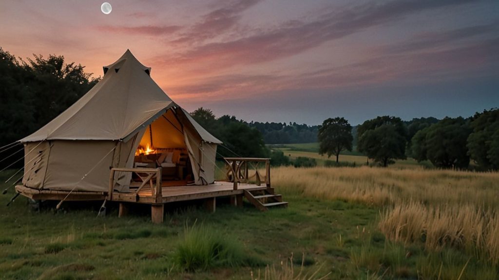 Semi-permanent canvas yurt tent setup on a raised platform. Sunset scene amid rolling hills. 