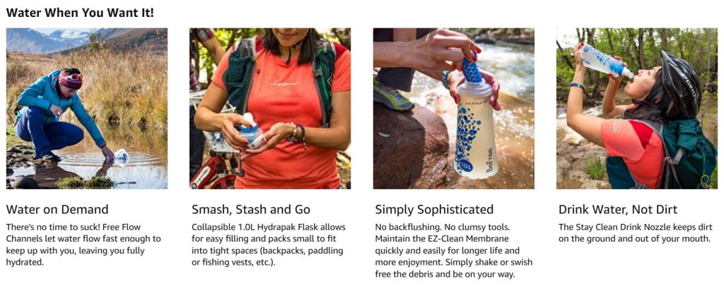 Additional information about the Katadyn BeFree water filter. 4 photos of backpackers using this product to filter contaminated water in rivers, standing pols and out on the trails.