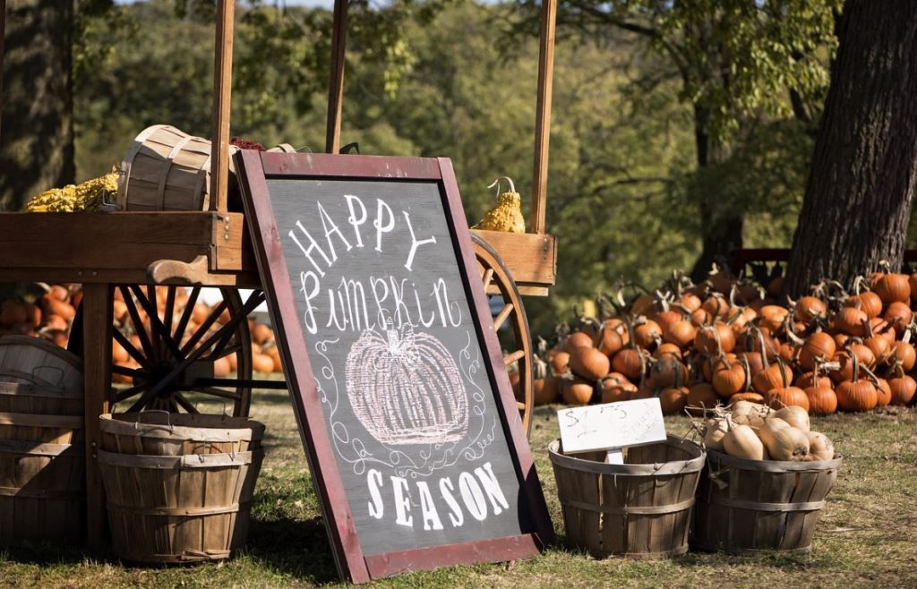 Chalkboard showing "Happy Pumpkin Season" to declare the start of a fall festival, making fall camping a great time for event-specific travel.