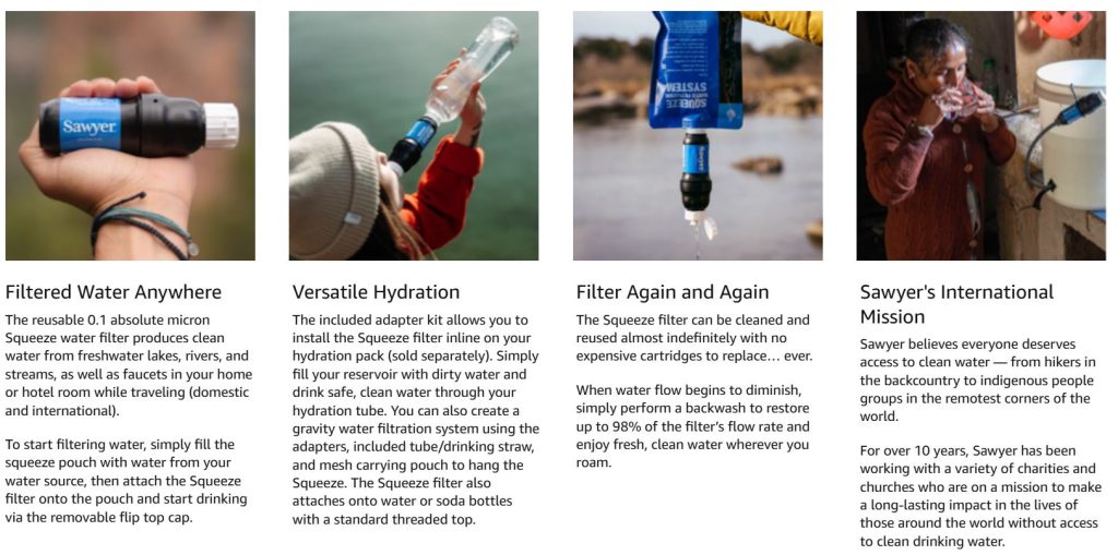 Four photos with descriptions of the Sawyer Squeeze method off water filtration and their commitment to provide clean water to those in need.