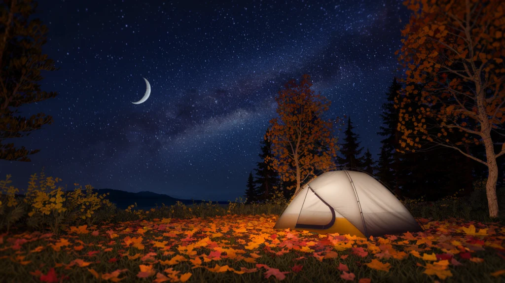 Tent under the stars at night surrounded by Autumn leaves. Fall camping is the perfect time for stargazing.