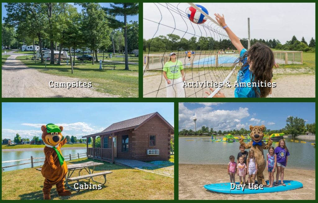 Photo collage of Jellystone Park North Huron showing campsites, activities & amenities, cabins, and day use.