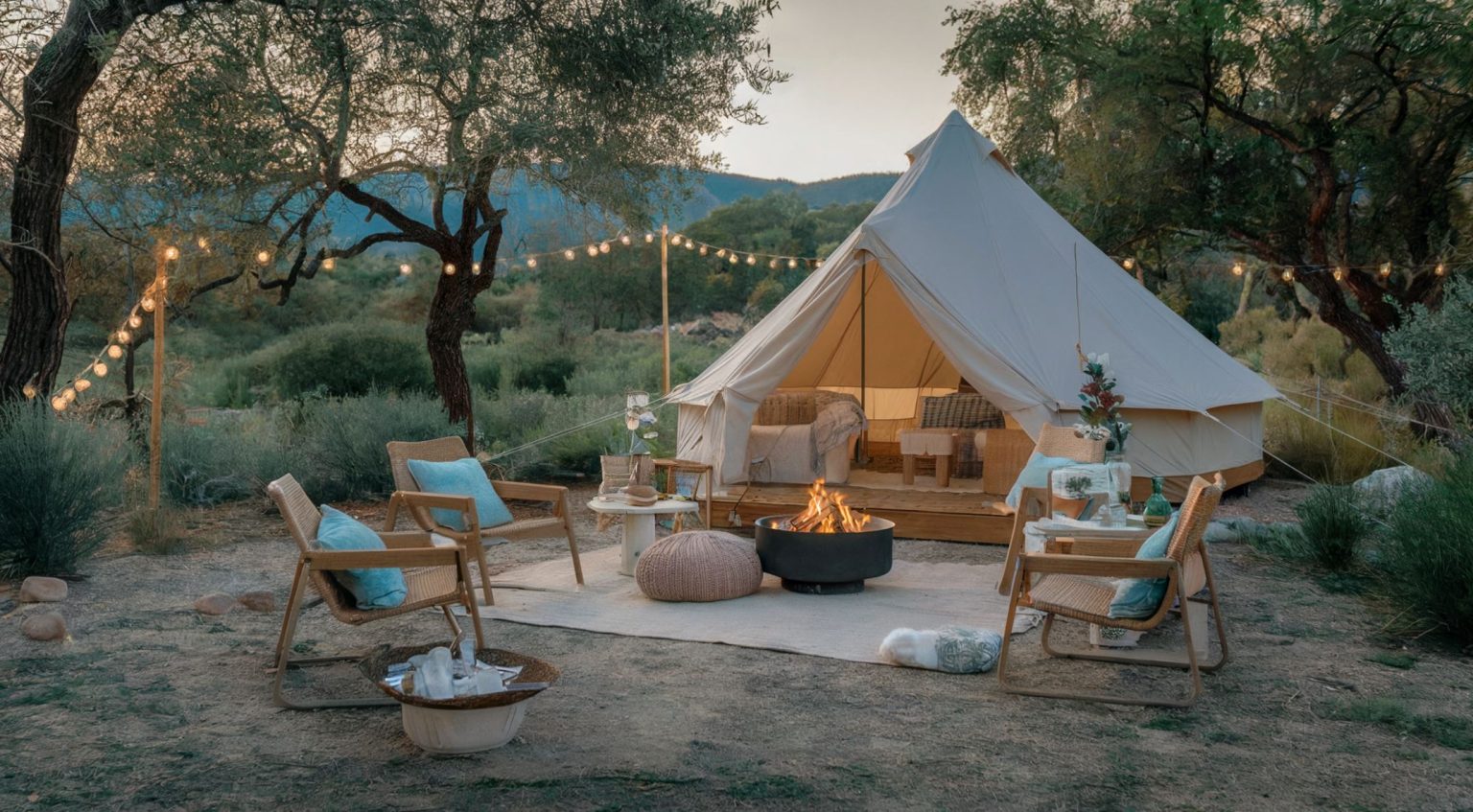 Image of a glamping yurt tent with comfortable chairs amid a luxurious but rustic setting to show affordable glamping.