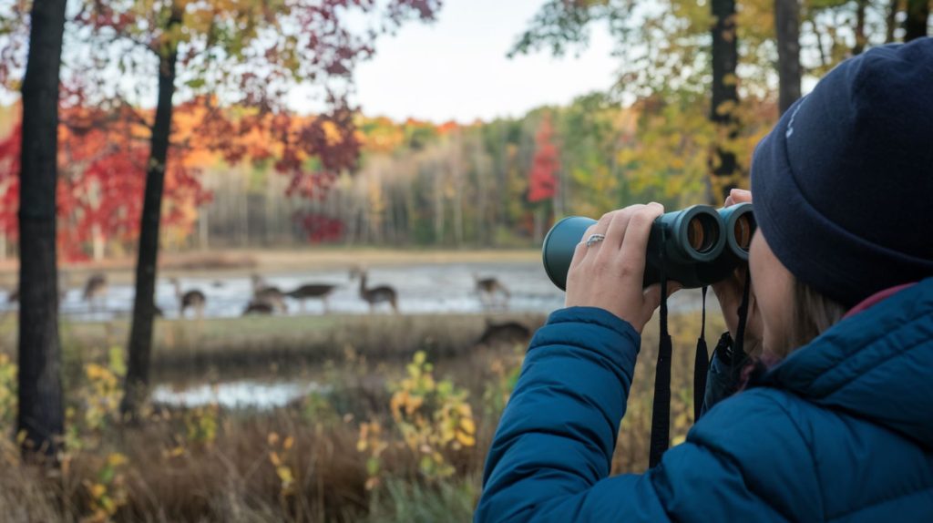 A woman nature enthusiast using binoculars to watch wildlife in a peaceful autumn forest. 