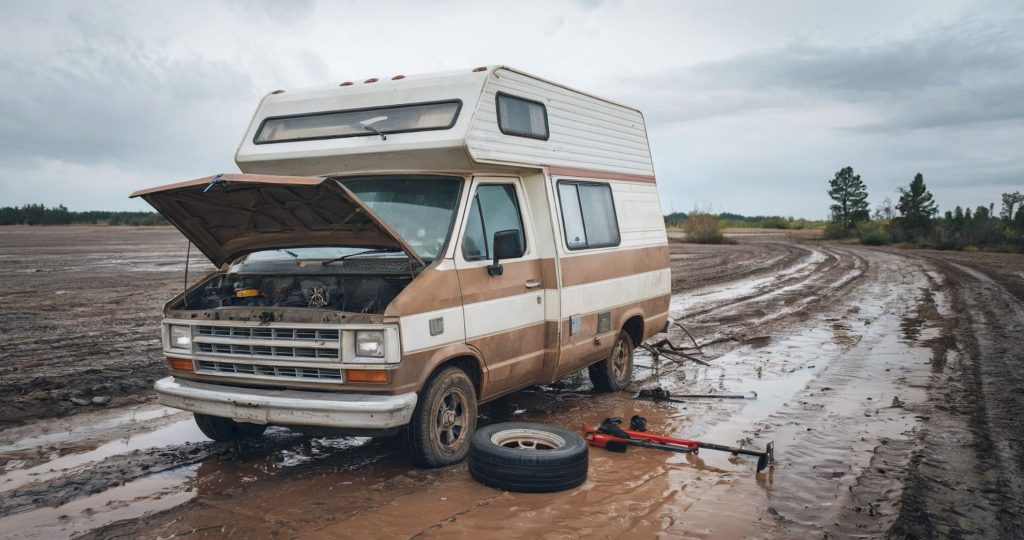 Illustration of a camper van broken down on a muddy road out in the middle of nowhere, illustrating the need to have strong van life communities.