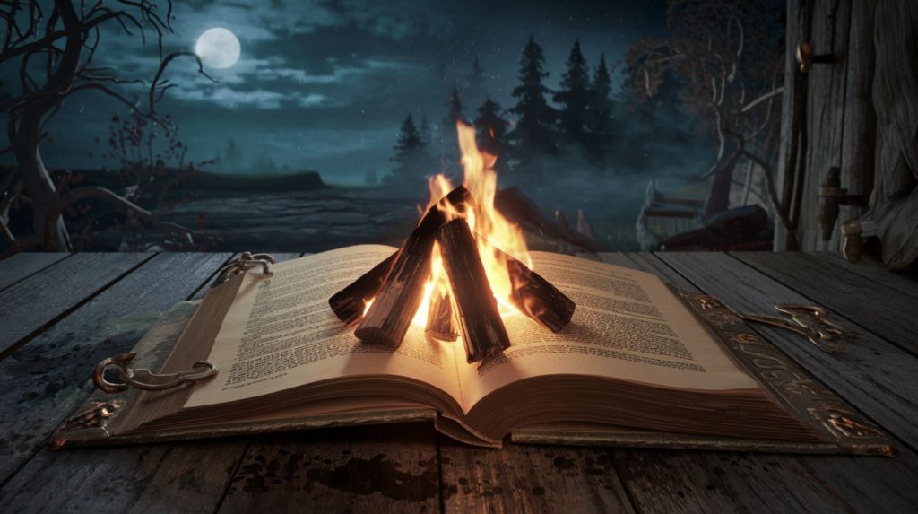 Stylized image of a campfire on top of an antique book to show the power of campfire story structure.