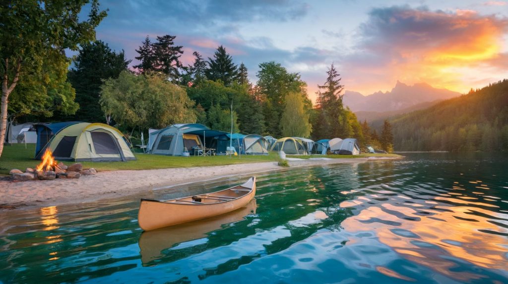 Campgrounds by the water, with multiple tents set up near a lake. The campsite is surrounded by lush trees and greenery, with a campfire crackling near the water's edge. A canoe rests on the shore.