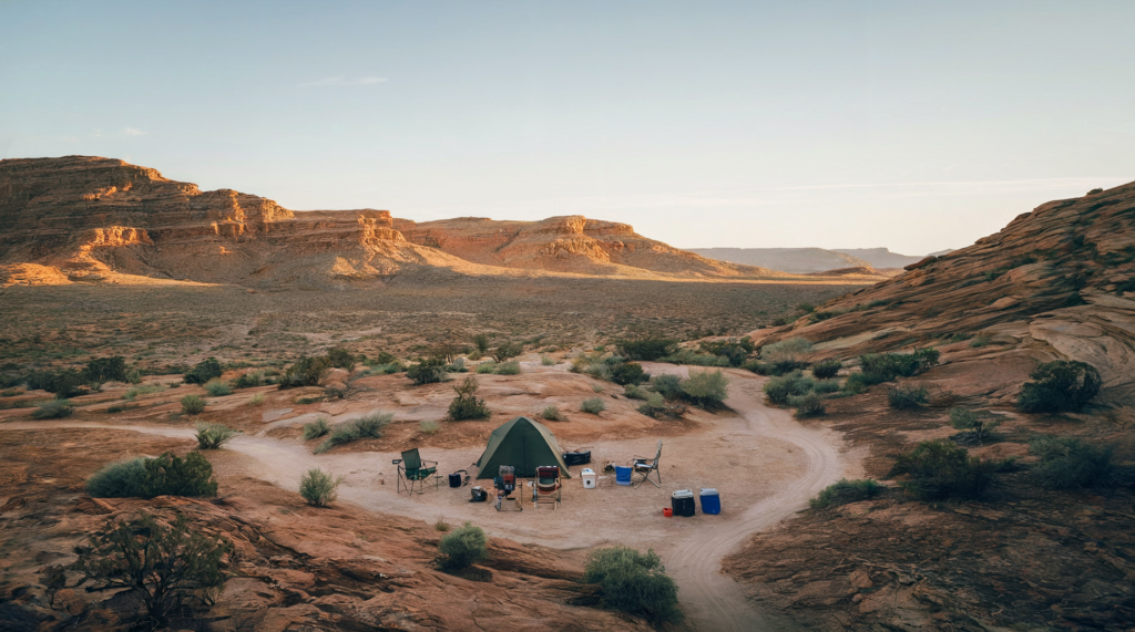 A photo of an off-grid camping scene in a remote, serene area of desert in the Southwest. There is a small campsite with a family-size tent and several pieces of camping equipment. A winding trail leads to the campsite. The background is a vast expanse of desert with rocky terrain and a clear sky.