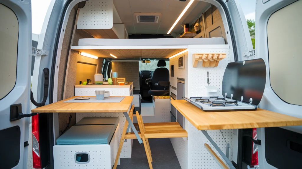 Image illustrating foldable gear like tables, chairs, stoves and more as life hacks to keep a small van organized.