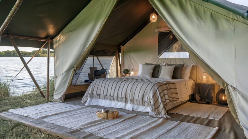 A luxury glamping tent by a lake with a beautiful bed, serene lighting and nice furnishings.