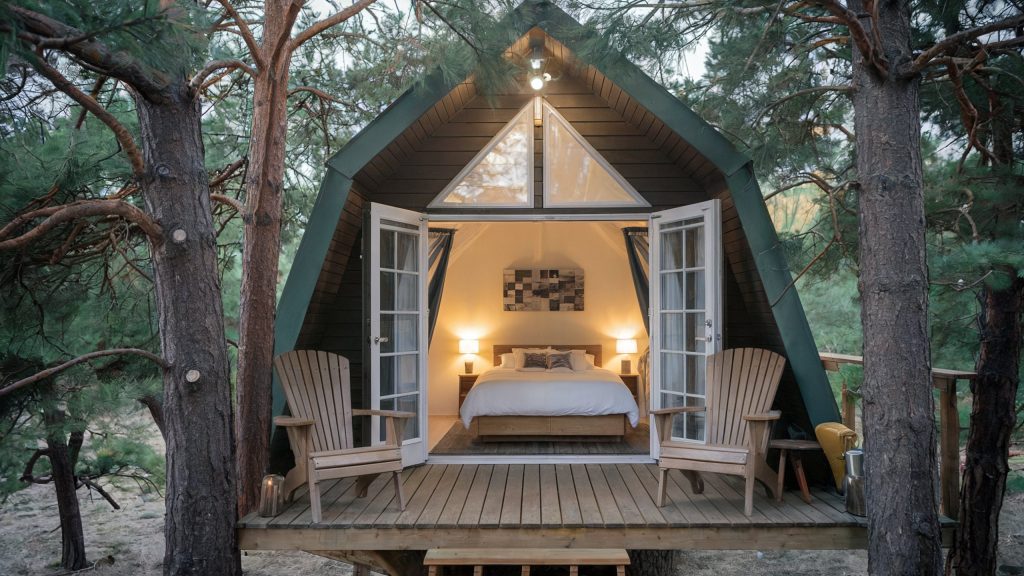 Beautiful glamping cabin nestled in a pine forest with two Adirondack chairs outside the door.