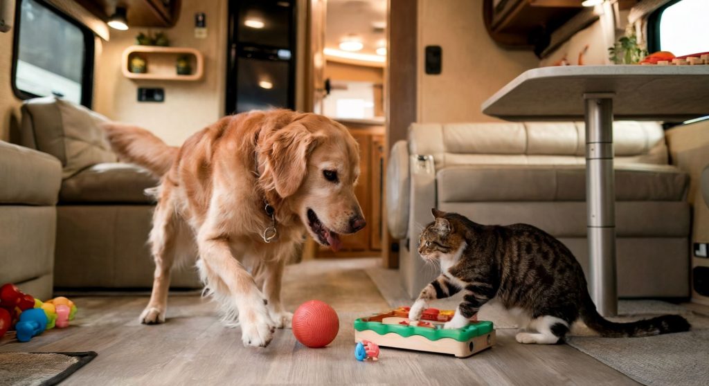 A golden retriever and a tabby cat playing with a ball and an interactive puzzle, showing the importance of reducing boredom when traveling in an RV with your pets.