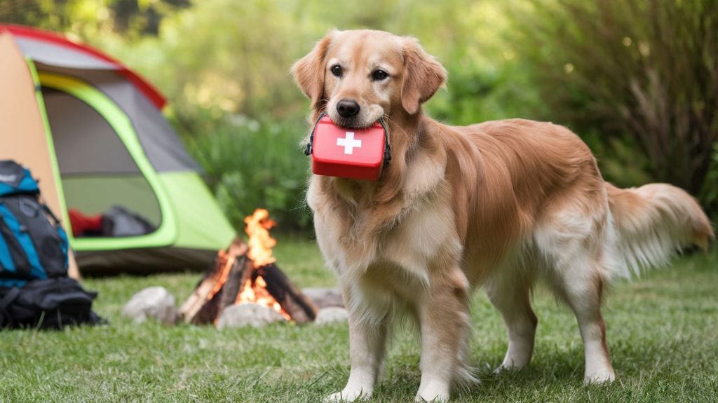 A friendly looking golden retriever holding a first aid kit in its mouth amid a backdrop showing a backpack, tent and campfire.