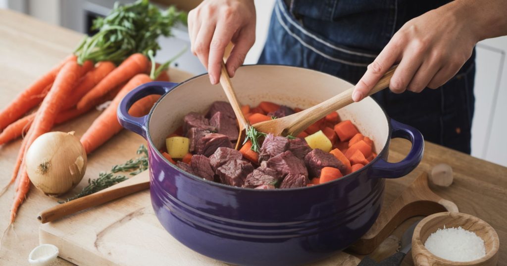 Man preparing a hearty beef stew, perfect RV kitchen recipe for the whole family.