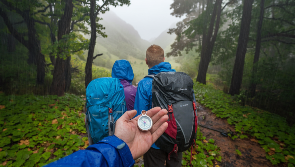 A photo taken from behind of a couple with backpacks and a compass. They are standing in a forest with rain and fog. The background is a mountain valley. 