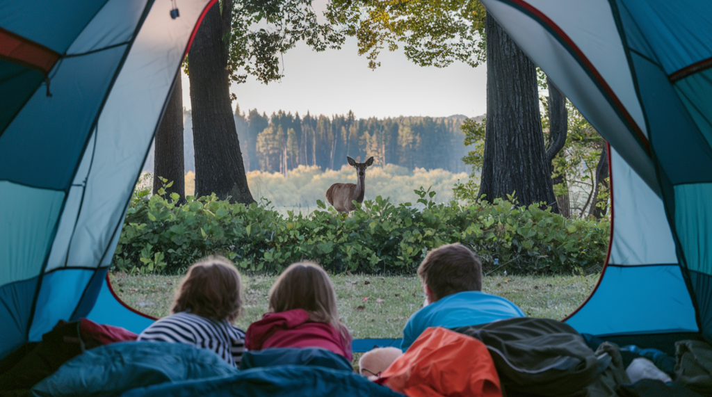 Three children inside a tent look out a  deer watching them.