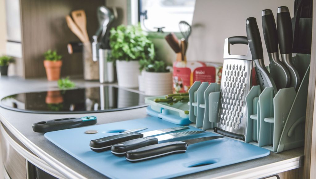 A photo of an RV kitchen counter with a set of common utensils. There is a foldable cutting board, compact knives, grater, slicer, and collapsible storage containers. There is a can openers, and peeler. The background is blurred and contains other kitchen items along with a few pots of herbs.