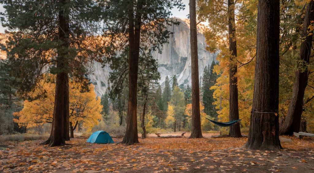 Yosemite National Park depicted in autumn with a tent and hammock in a forest clearing.