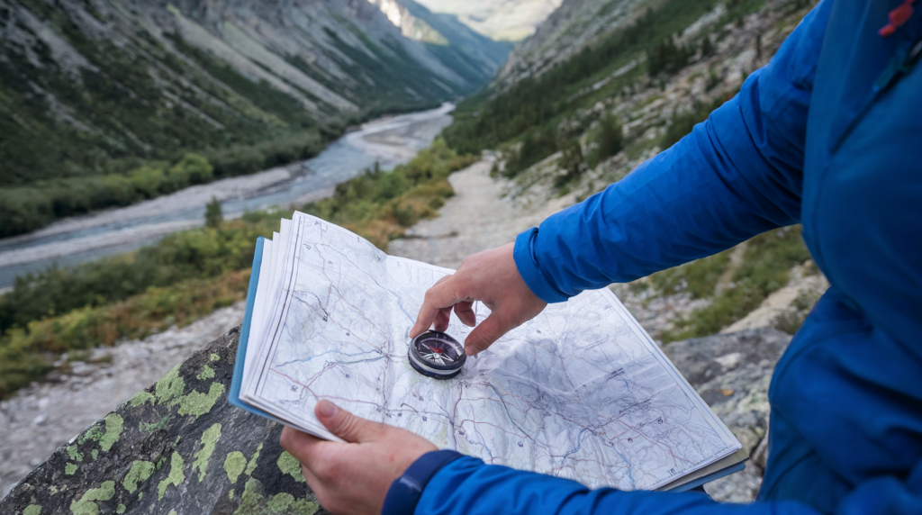 A photo of a hiker using a compass to align with a map. The map is opened on a rock. The hiker is standing on a path surrounded by mountains. The background contains a river and a valley.