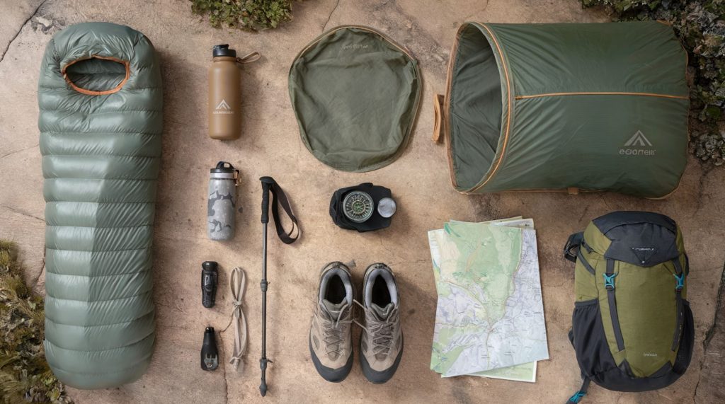 Camping gear laid out in an organized fashion. Tent bag, sleeping bag, pair of hiking shoes, collapsible water bottles, trekking pole, compass and map.