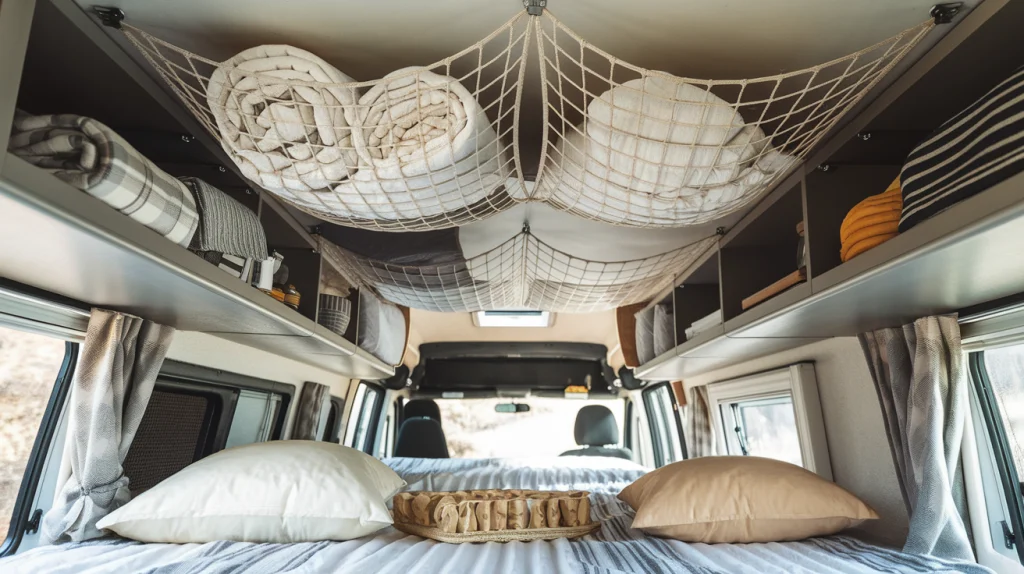 Inside of a camper van showing a van life hack by using cargo nets for blanket and pillow storage.