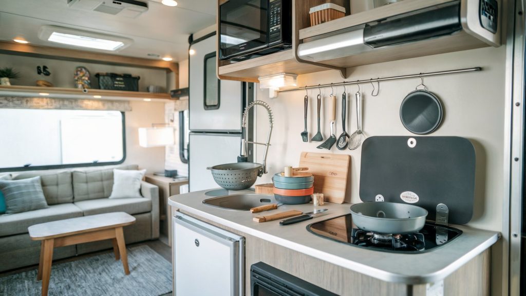 RV kitchen and living area designed for saving space.