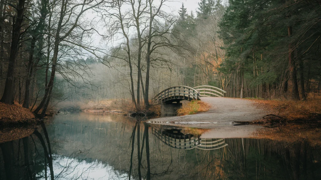 A serene setting featuring a bridge in the back country along a stream to show that silence is golden.