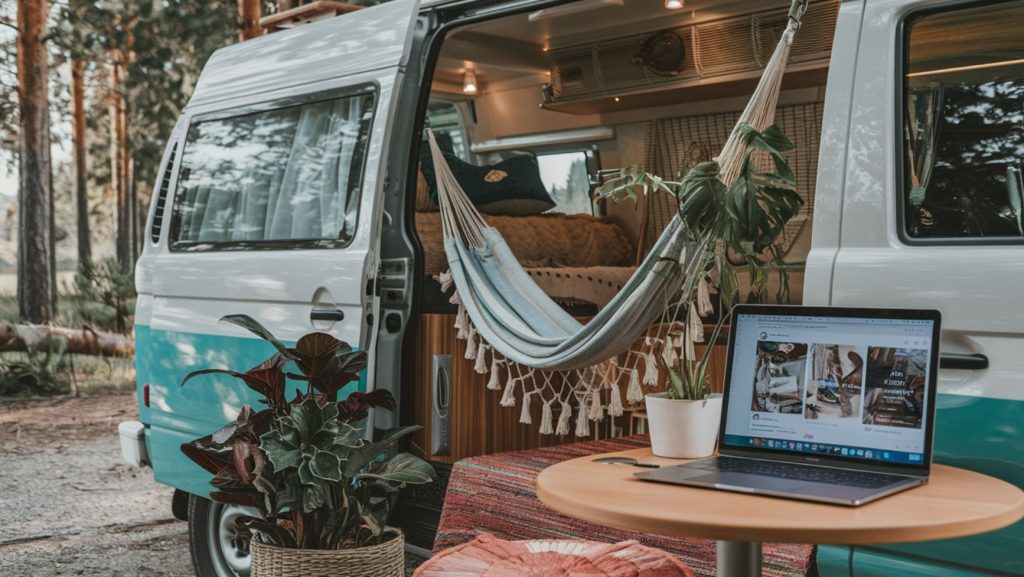 A van with an open door and a hammock. On the side is a table with a laptop open to show the importance of van community on social networks for support.