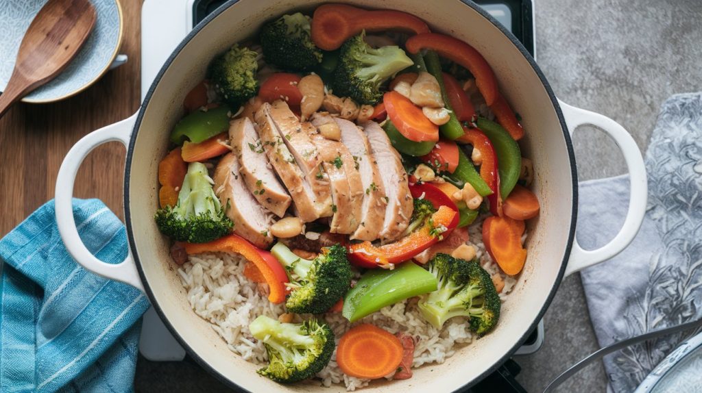 One-pot chicken veggie stir-fry, simple to prepare, easy to clean up.