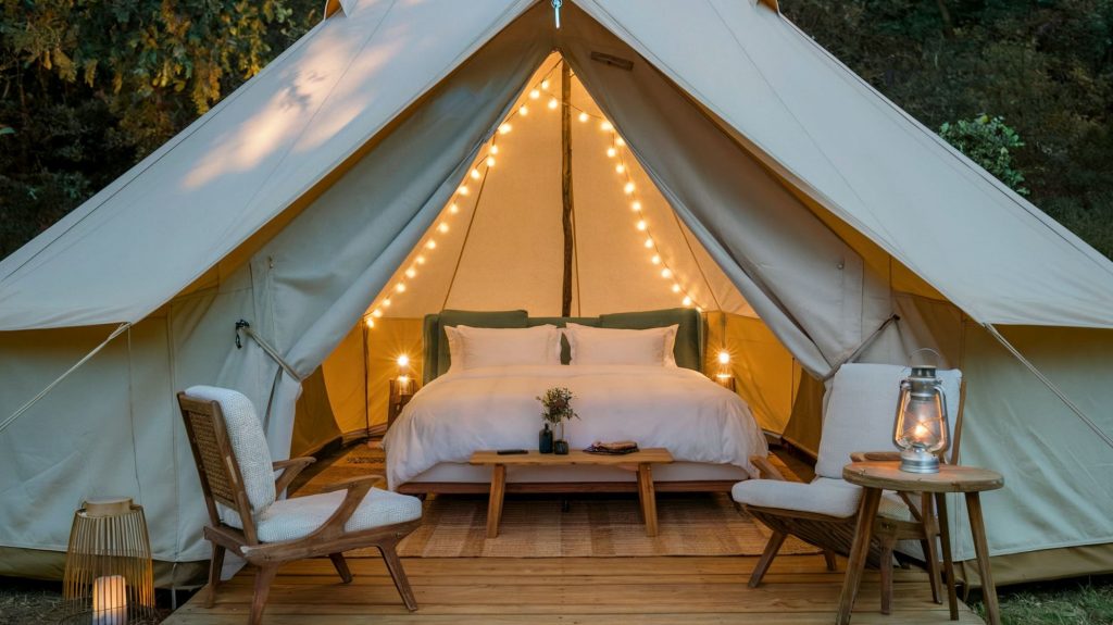 Glamping tent with soft, ambient lighting. The tent has a king-size bed, a small table, and a few chairs inside. There's a lantern on the table and a few strings of fairy lights. The background is a lush forest.