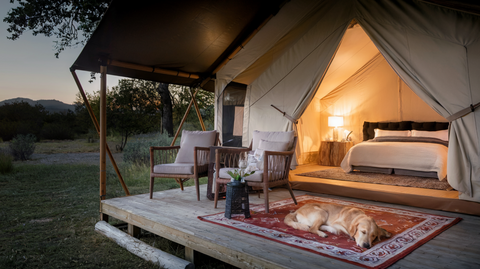 A photo of a luxurious glamping tent at night with warm lighting. The tent is set on a wooden deck with chairs and a table. Inside the tent, there's plush bedding and comfortable area rugs. One of the rugs has a golden retriever sleeping on it. The tent has a wooden deck with chairs and a table. The background reveals a serene landscape with trees and mountains. The lighting is soft and warm.