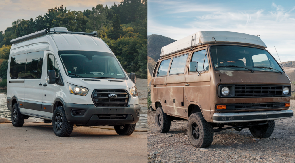 Split image showing a shiny new white van on the left vs. a well-used brown van on the right.