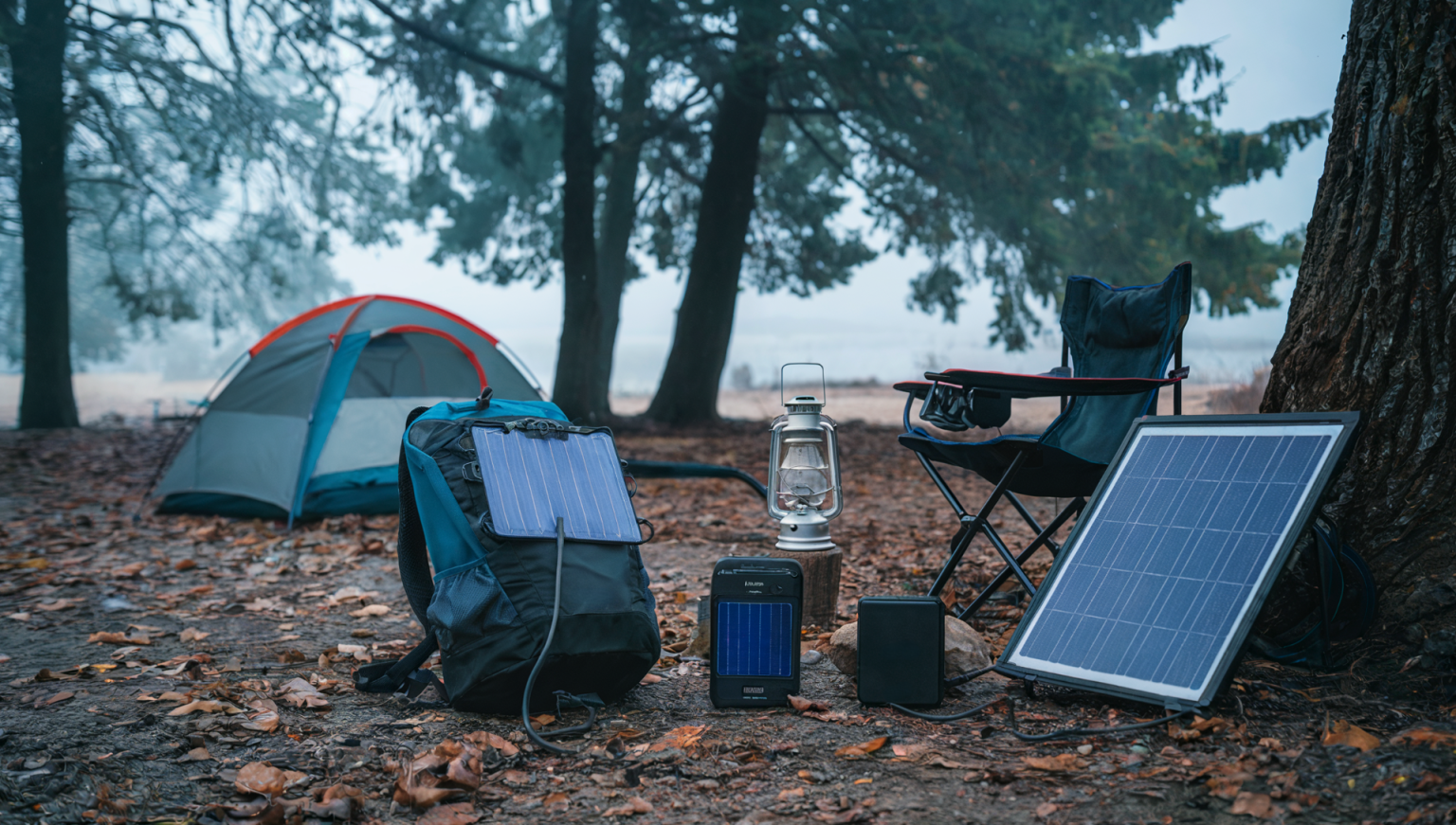 A photo of a campsite on an overcast day. There are portable power banks and battery packs with solar input near a tent. A solar panel is set up near a tree. There is a lantern and a camping chair nearby. The ground is covered with leaves. There is also a backpack on the ground with a flexible and detachable solar cell.