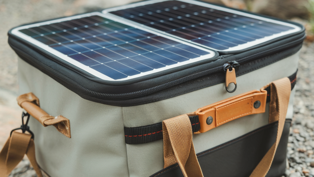 A photo of a portable solar cooler for camping. The cooler is a soft bag with panels fixed into the top. The handle is made of canvas and secured together by a velcro closure. The bag is gray and black. 