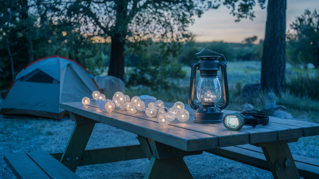 A photo of a campsite with a picnic table. On the table, there is a solar lantern, string lights with shatterproof bulbs, and a headlamp. The background reveals a tent, trees, and the outdoors.