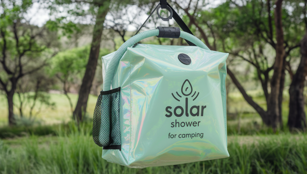 A photo of a portable solar shower for camping. The soft bag is an iridescent light green and has a hose, a small mesh side pocket for shampoo, and a rubberized hanging handle that can be easily hung on a tree or shower tent.