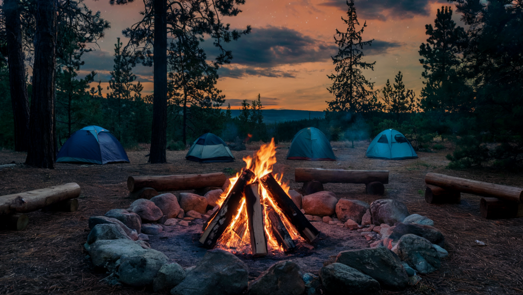 A spooky campfire in the woods. There are rocks forming a pit for the blazing campfire. The campfire is surrounded by logs for sitting. In the background, there are four two-person tents. The sky is orange and dusky pink, with dark clouds and a few stars visible. The ground is covered with pine needles. 