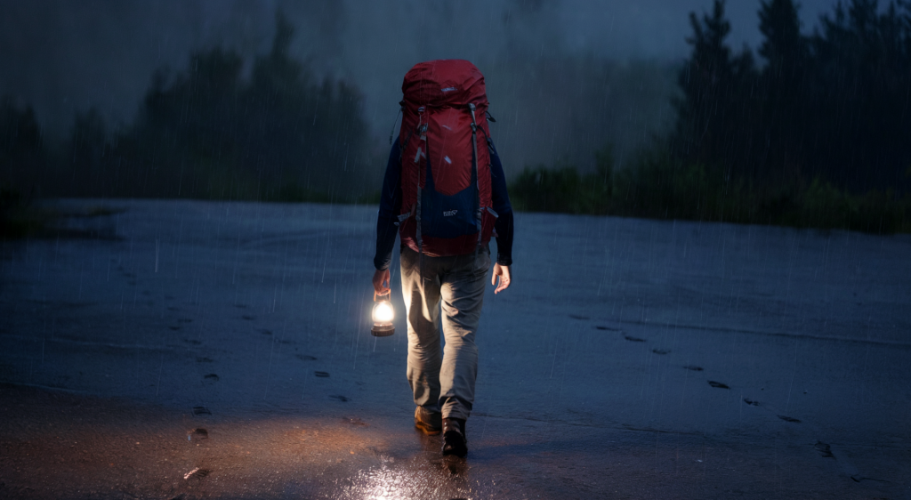 A photo taken from behind of a backpacker walking through rain at night. The backpacker is carrying a camping lantern. The ground is wet and there are footprints leading back to the person. The background is dark and blurry, with the occasional tree visible.