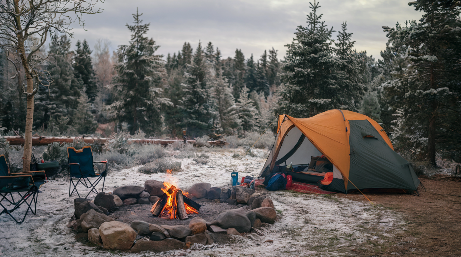 A photo of a cozy cold-weather camping scene in a forest. There's a large family-size tent with camping gear near it. There's a fire in a rock pit, which is a safe distance from the tent. The ground is lightly covered with snow. The trees are lightly snow-covered.