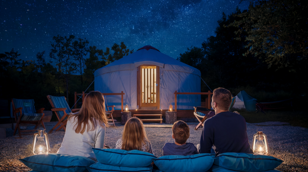 A photo of a family of four at a glamping site at night. The mother, father, and two kids are seen from behind, sitting on comfortable pillows in front of a luxury glamping yurt. They are looking up at the night sky filled with stars. There are lanterns, a few chairs, and a table nearby. The background contains trees.