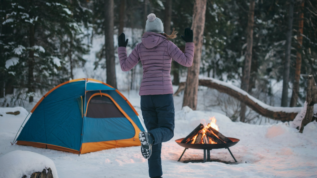 A photo of a woman wearing cold weather camping gear, including a jacket, hat, and gloves. She is seen from the back, doing jumping jacks near her camping tent in a snowy forest. There is a fire pit nearby. The background contains tall trees covered in snow.