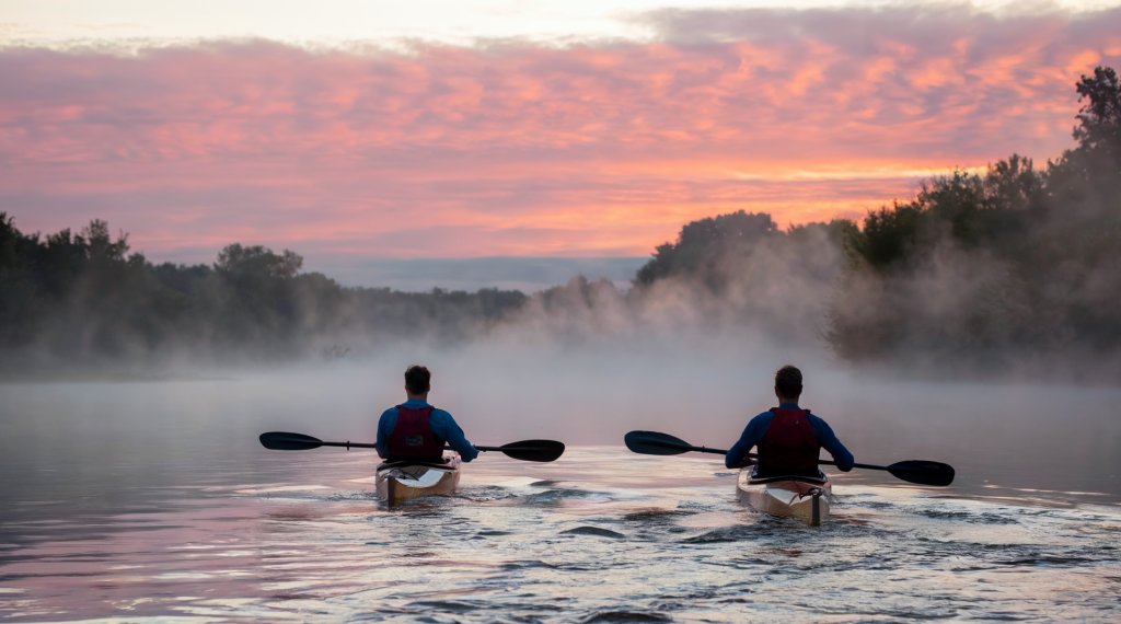 A photo of two kayakers paddling through a misty river at sunrise. The kayakers are seated in separate kayaks, and the photo is taken from the back. The mist rises from the river, creating a foggy atmosphere. The sky is painted with pink and orange hues as the sun rises.